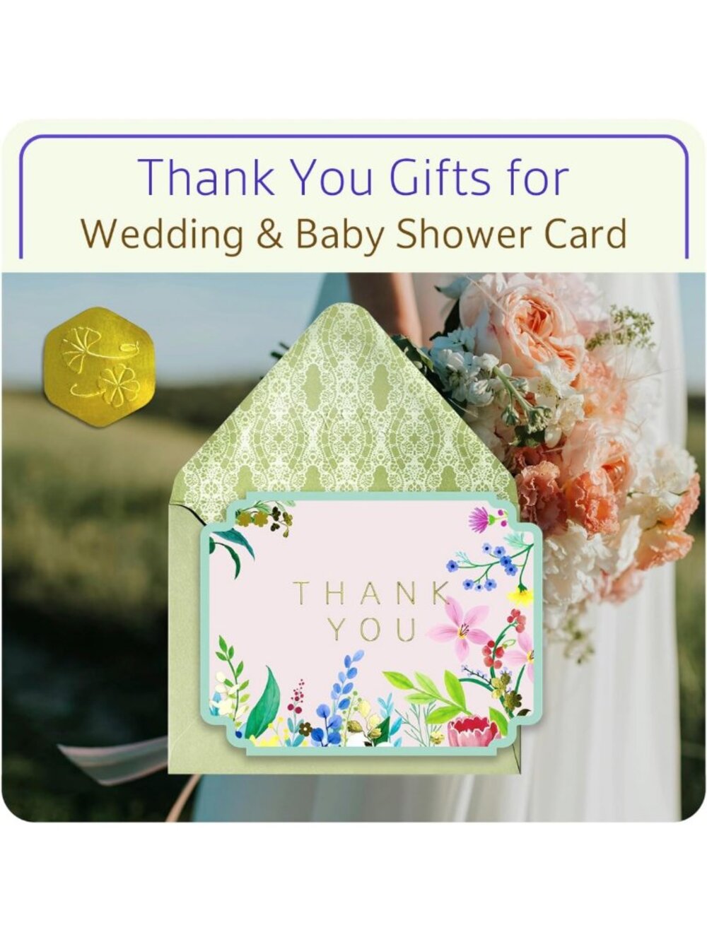 Floral Thank You Cards Set - Die-Cut Gold Foil, 100 Cards & Envelopes Included - Picture 6 of 9
